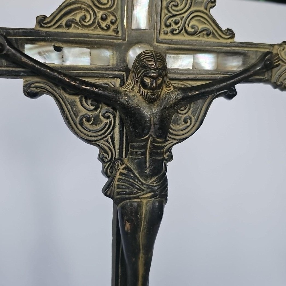 Antique Standing Crucifix Mother of Pearl Inlay Religious Altar Cross Catholic